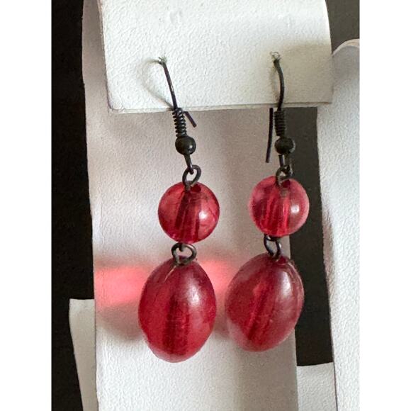 Red Acrylic Metal Stone Earrings Set of 3 Fish Hook Stud Post - Picture 4 of 10